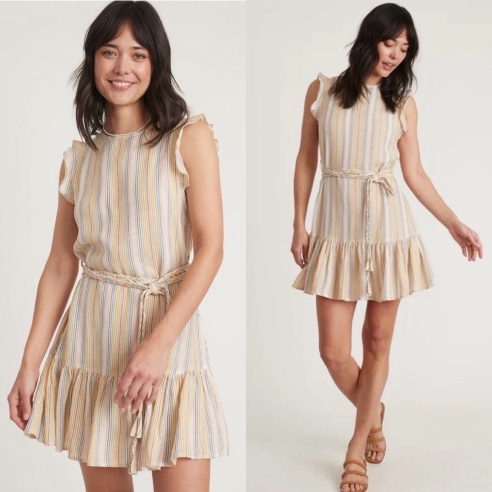 NWT MARINE LAYER Linen Striped Flutter Sleeve Braided Belt Ruffle Hem Dress M